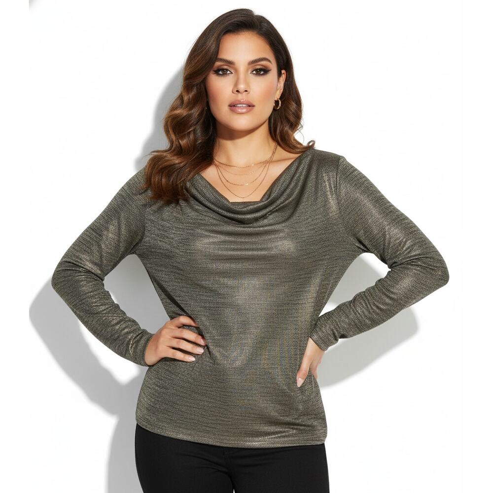 Chico’s Metallic Cowl Neck Long Sleeve Top Womens XL Gold Shiny Streth Glam NYE
